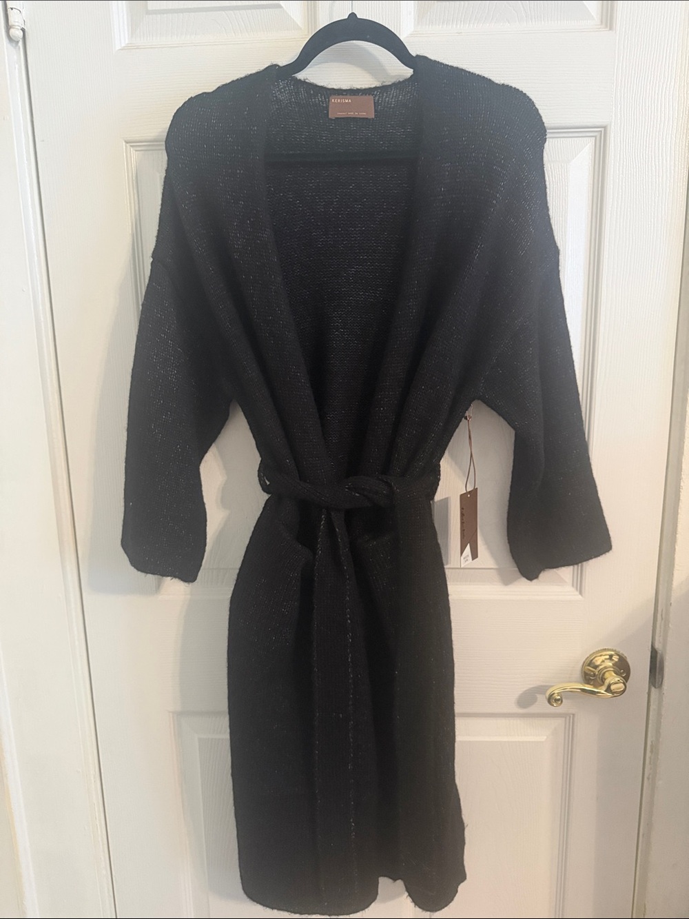 NEW Kerisma Women's Black Knit Belted Robe Cardigan Alpaca Sweater Sz S/M